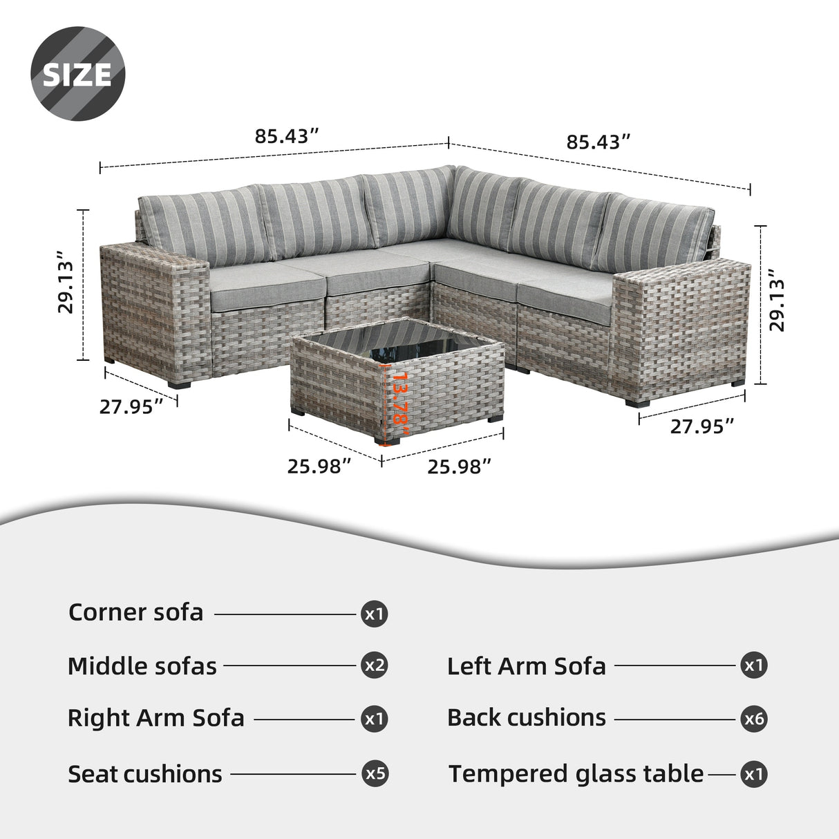 OVIOS Patio Wicker Furniture Wide Arm 6-piece Set with Table