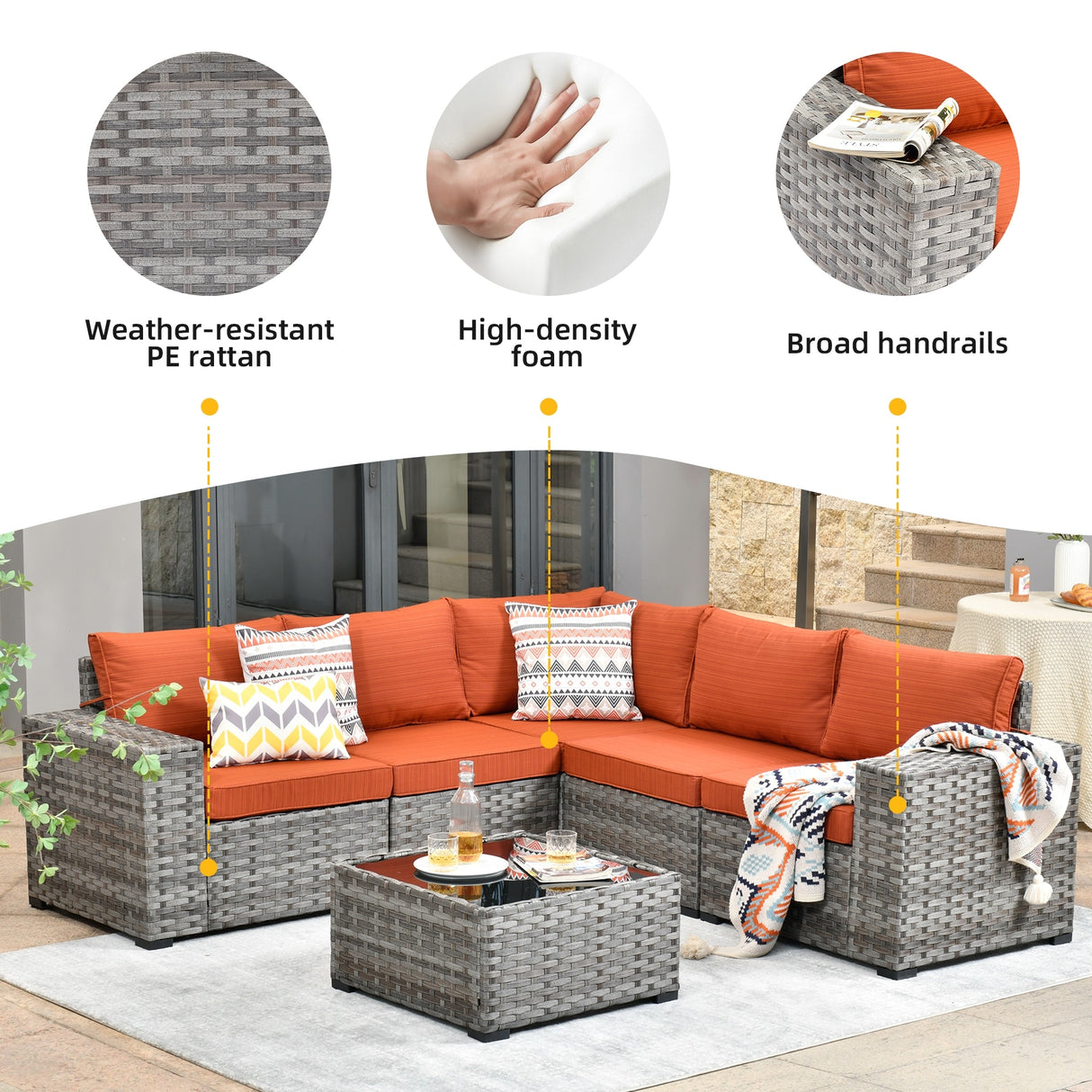 OVIOS Patio Wicker Furniture Wide Arm 6-piece Set with Table