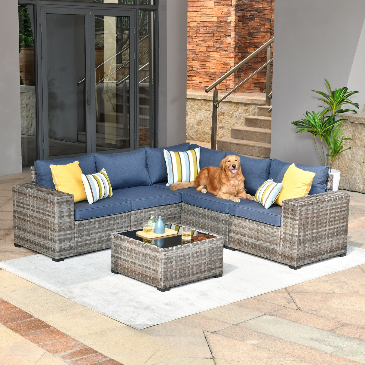 OVIOS Patio Wicker Furniture Wide Arm 6-piece Set with Table