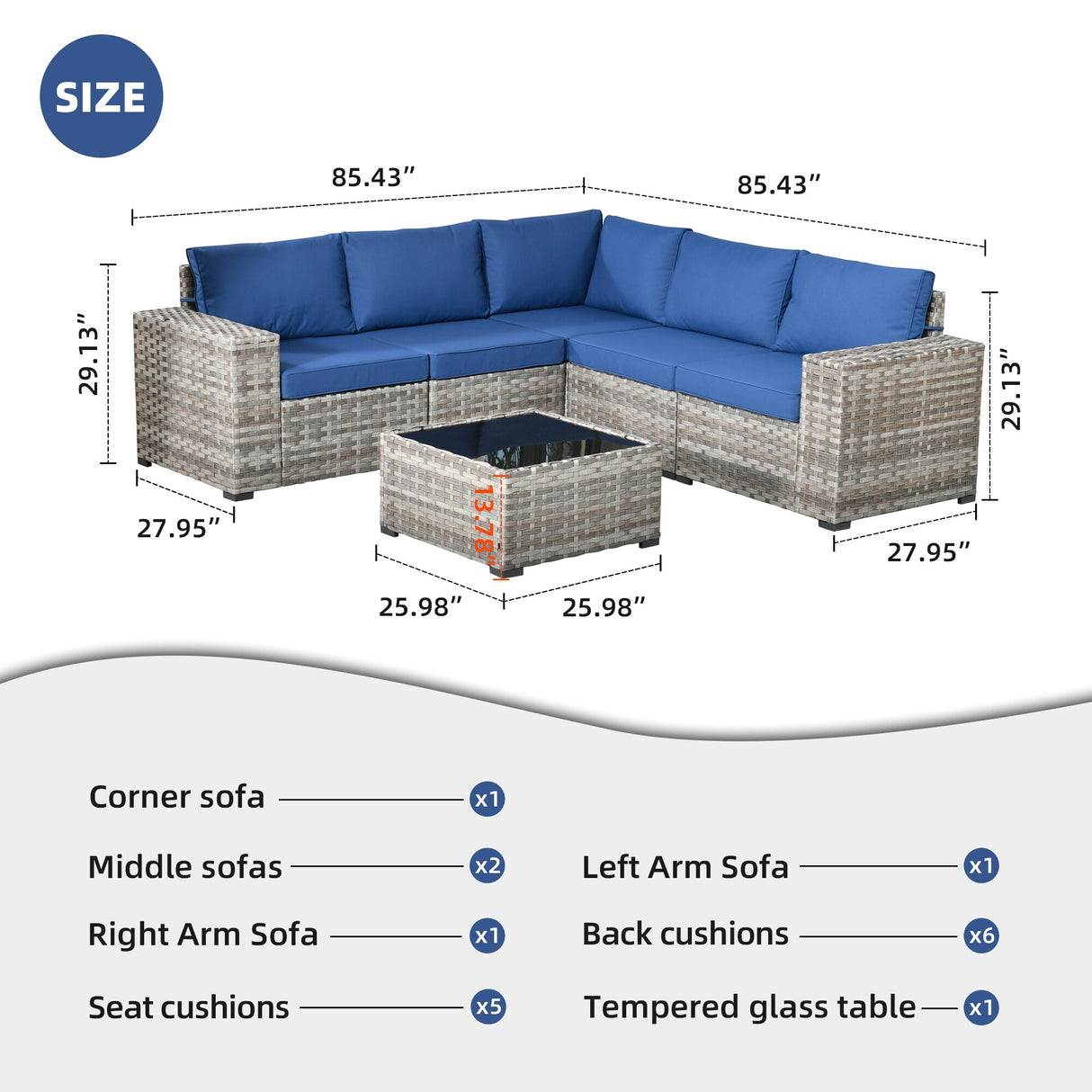 OVIOS Patio Wicker Furniture Wide Arm 6-piece Set with Table