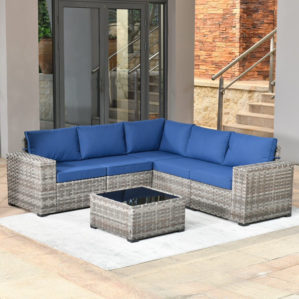 OVIOS Patio Wicker Furniture Wide Arm 6-piece Set with Table