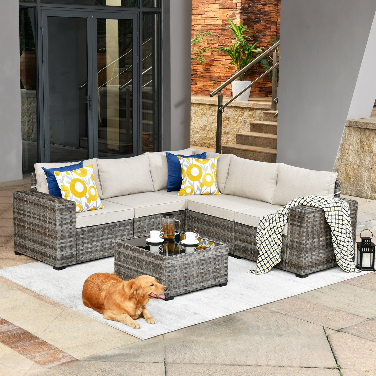 OVIOS Patio Wicker Furniture Wide Arm 6-piece Set with Table