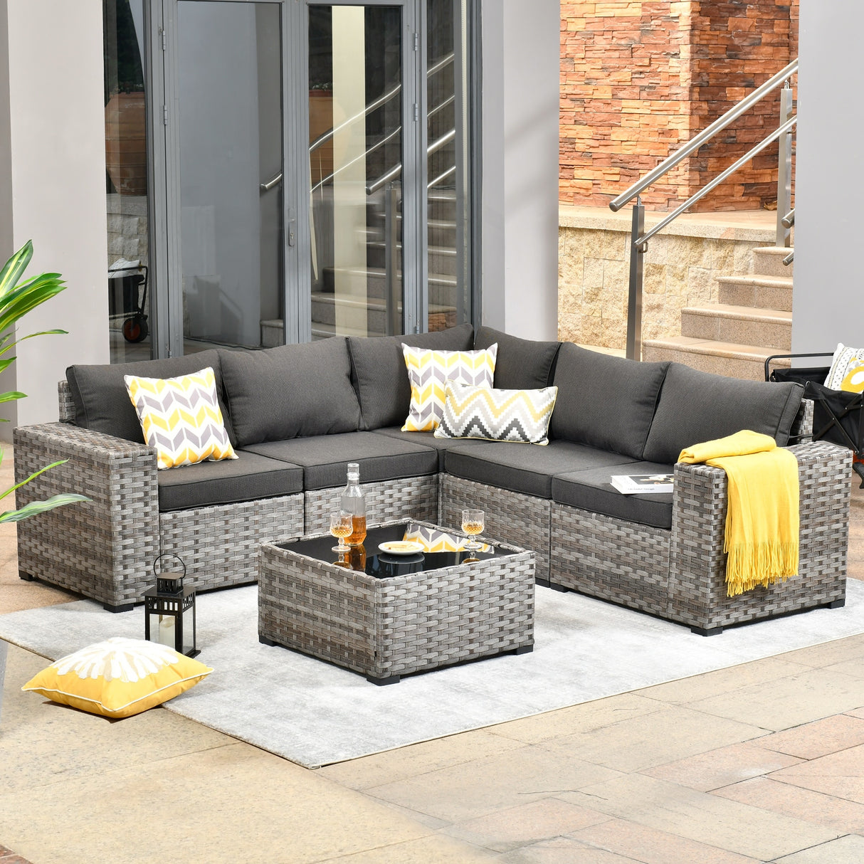 OVIOS Patio Wicker Furniture Wide Arm 6-piece Set with Table