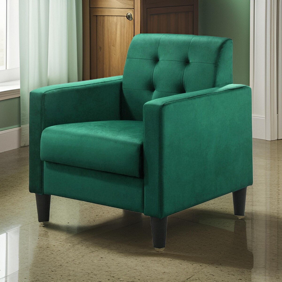Oz 28 Inch Modern Accent Armchair with Foam Cushion, Tufted Green Velv