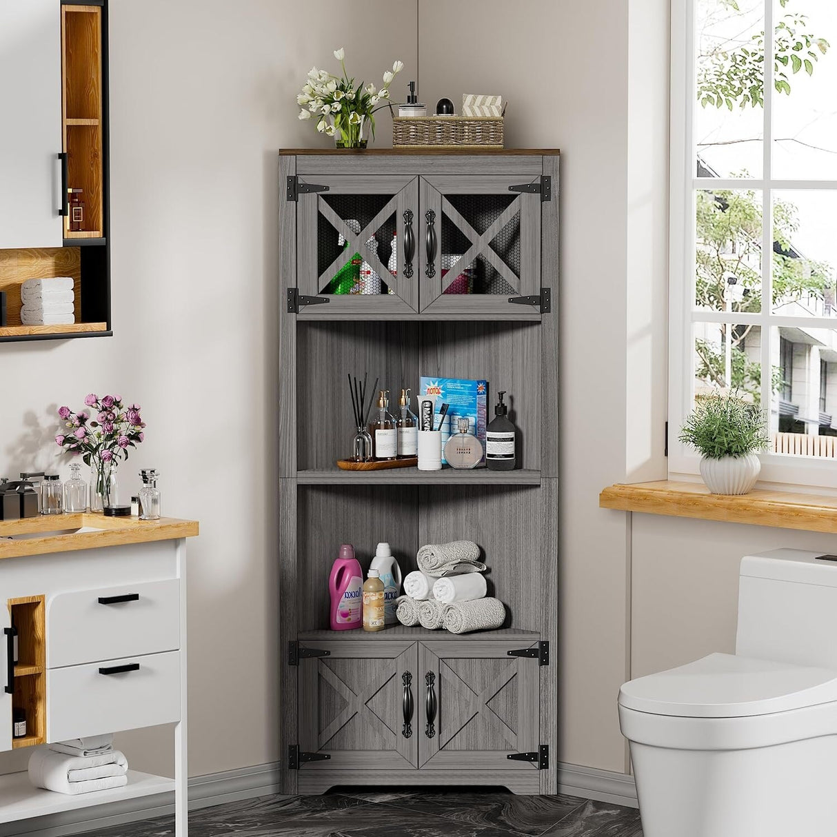 PAKASEPT 66" Farmhouse Corner Cabinet, 5 Tier Tall Corner Cabinet - N/A