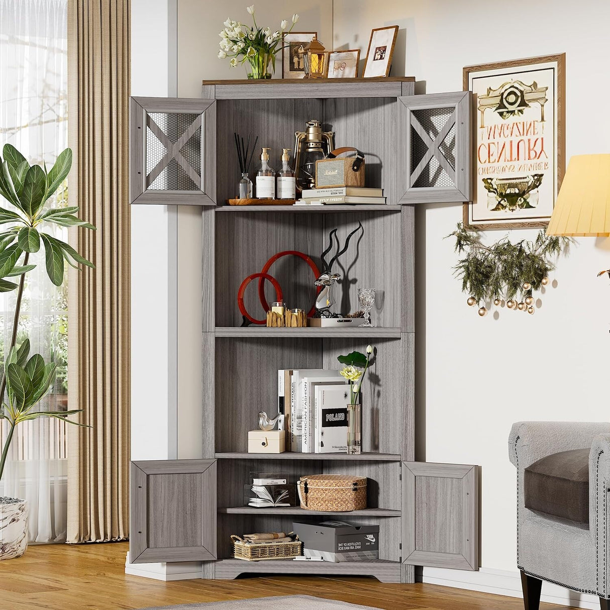 PAKASEPT 66" Farmhouse Corner Cabinet, 5 Tier Tall Corner Cabinet - N/A