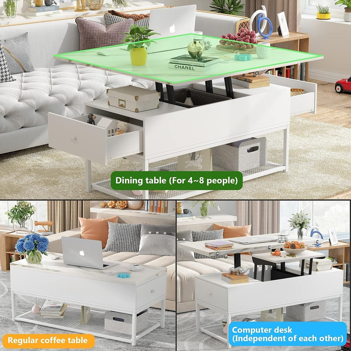 PAKASEPT Lift Top Coffee Table, Coffee Tables with 2 Storage Drawer