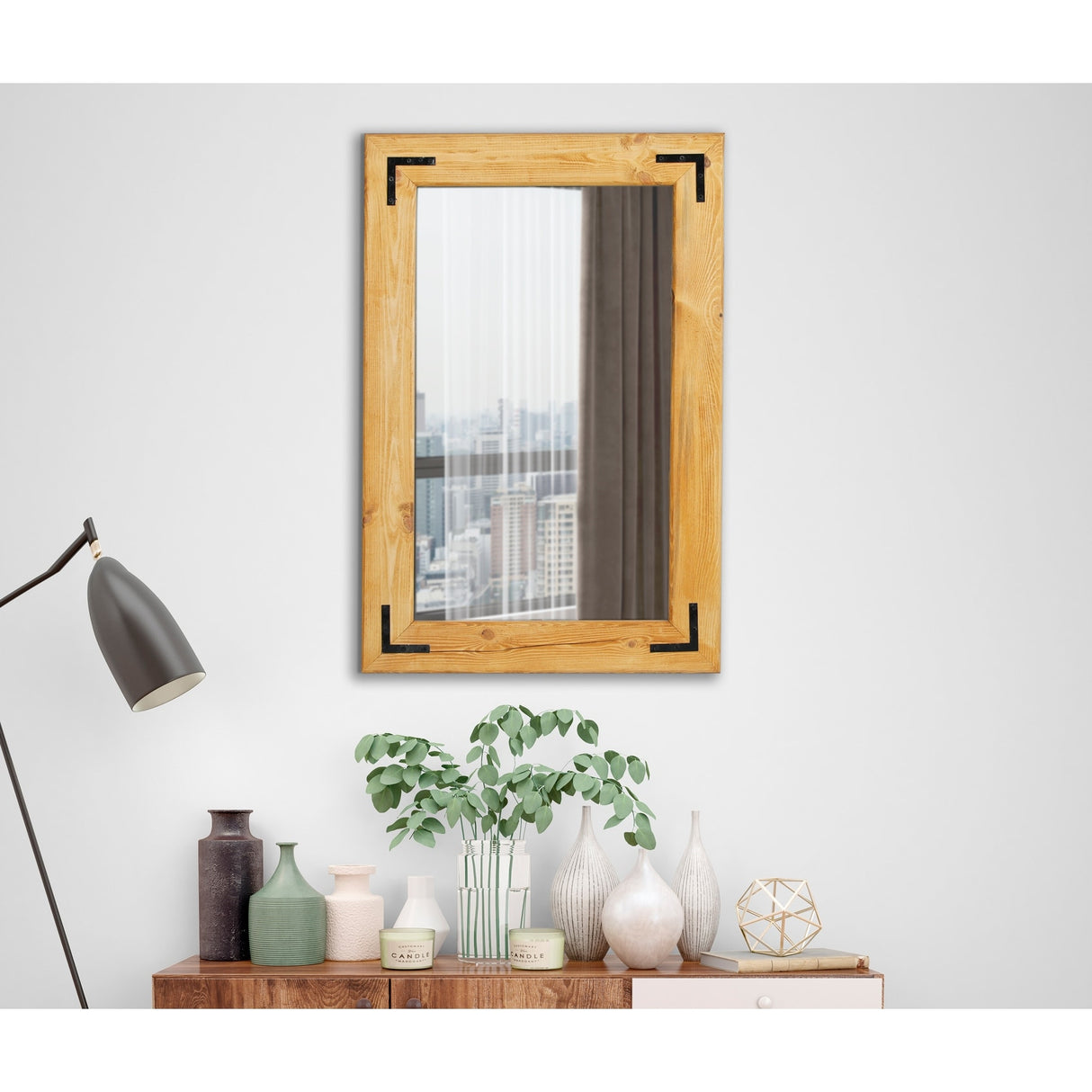 Natural Wood Framed with Metal Corner Bracket Mirror
