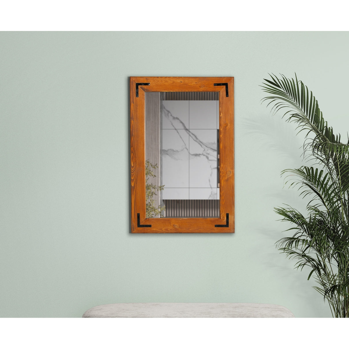 Natural Wood Framed with Metal Corner Bracket Mirror