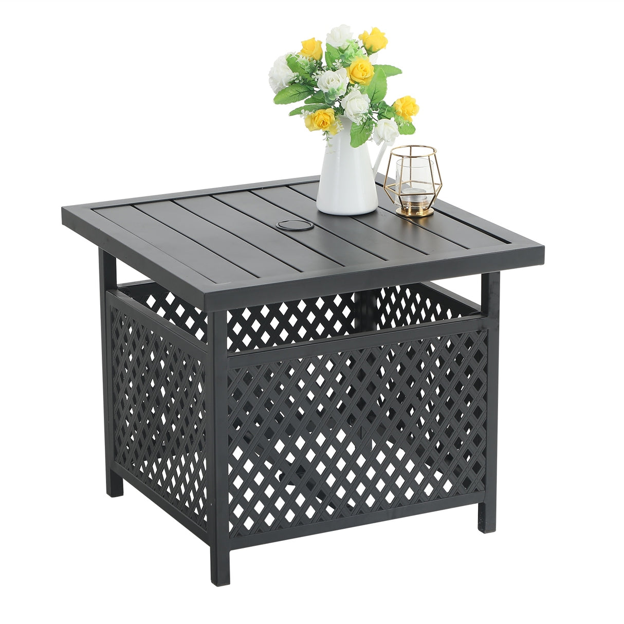 MAISON ARTS 3-Pcs Outdoor Dining Set, 2 Steel Swivel Dining Chair with Cushion and 1 Black Small Metal Square Coffee Table