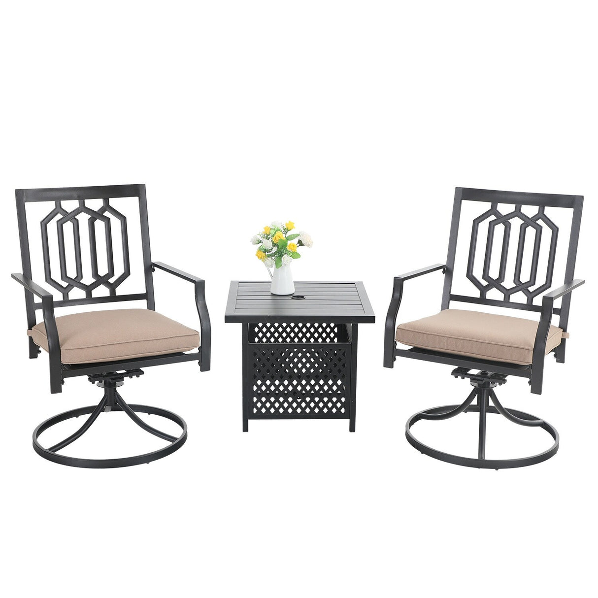 MAISON ARTS 3-Pcs Outdoor Dining Set, 2 Steel Swivel Dining Chair with Cushion and 1 Black Small Metal Square Coffee Table