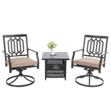 MAISON ARTS 3-Pcs Outdoor Dining Set, 2 Steel Swivel Dining Chair with Cushion and 1 Black Small Metal Square Coffee Table