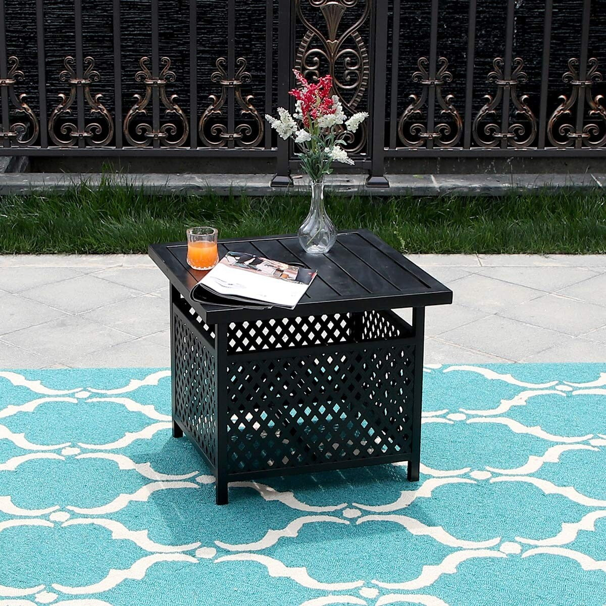 MAISON ARTS 3-Piece Patio Metal Dining Set of 2 Stackable Chairs and 1 Side table with Umbrella Hole