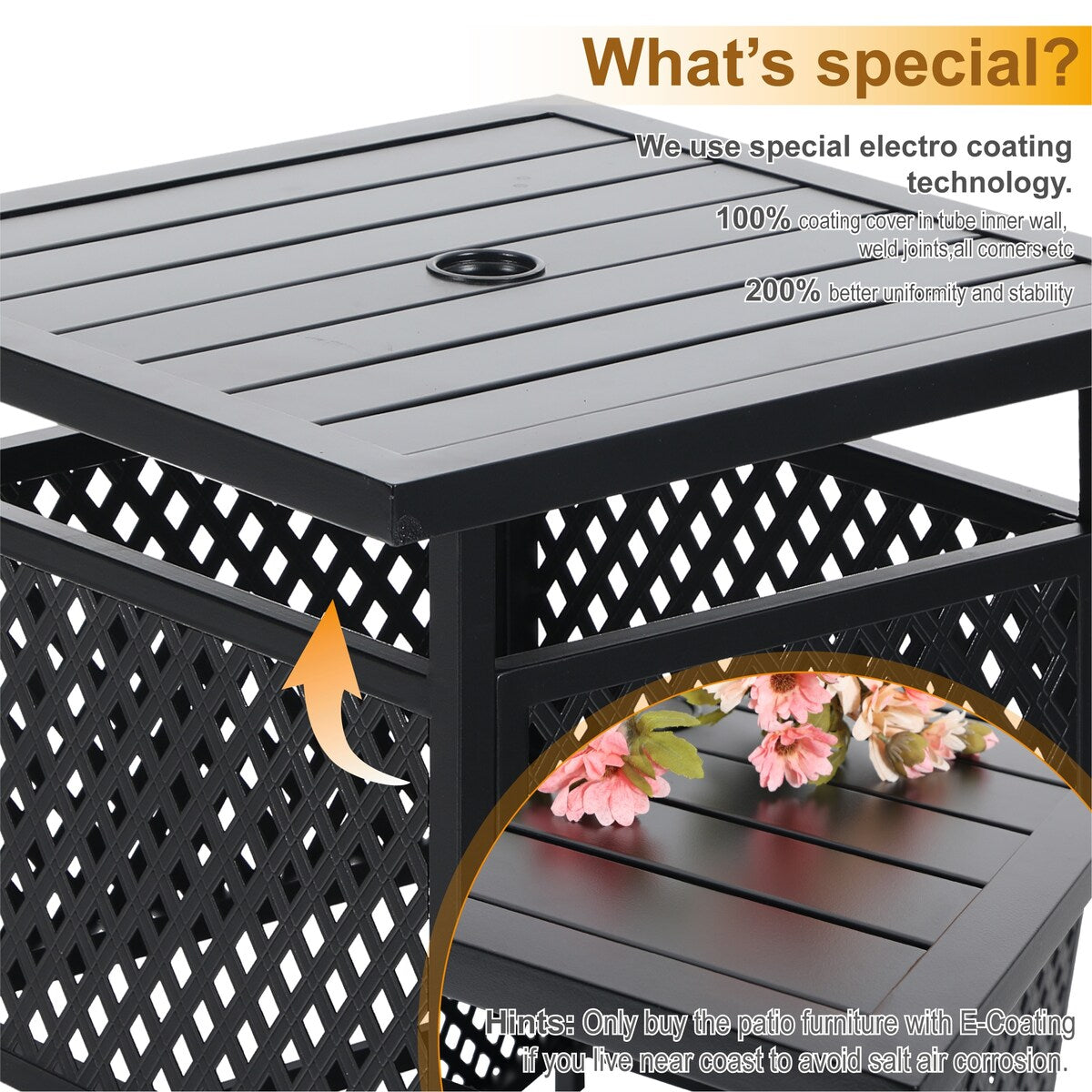 MAISON ARTS 3-Piece Patio Metal Dining Set of 2 Stackable Chairs and 1 Side table with Umbrella Hole