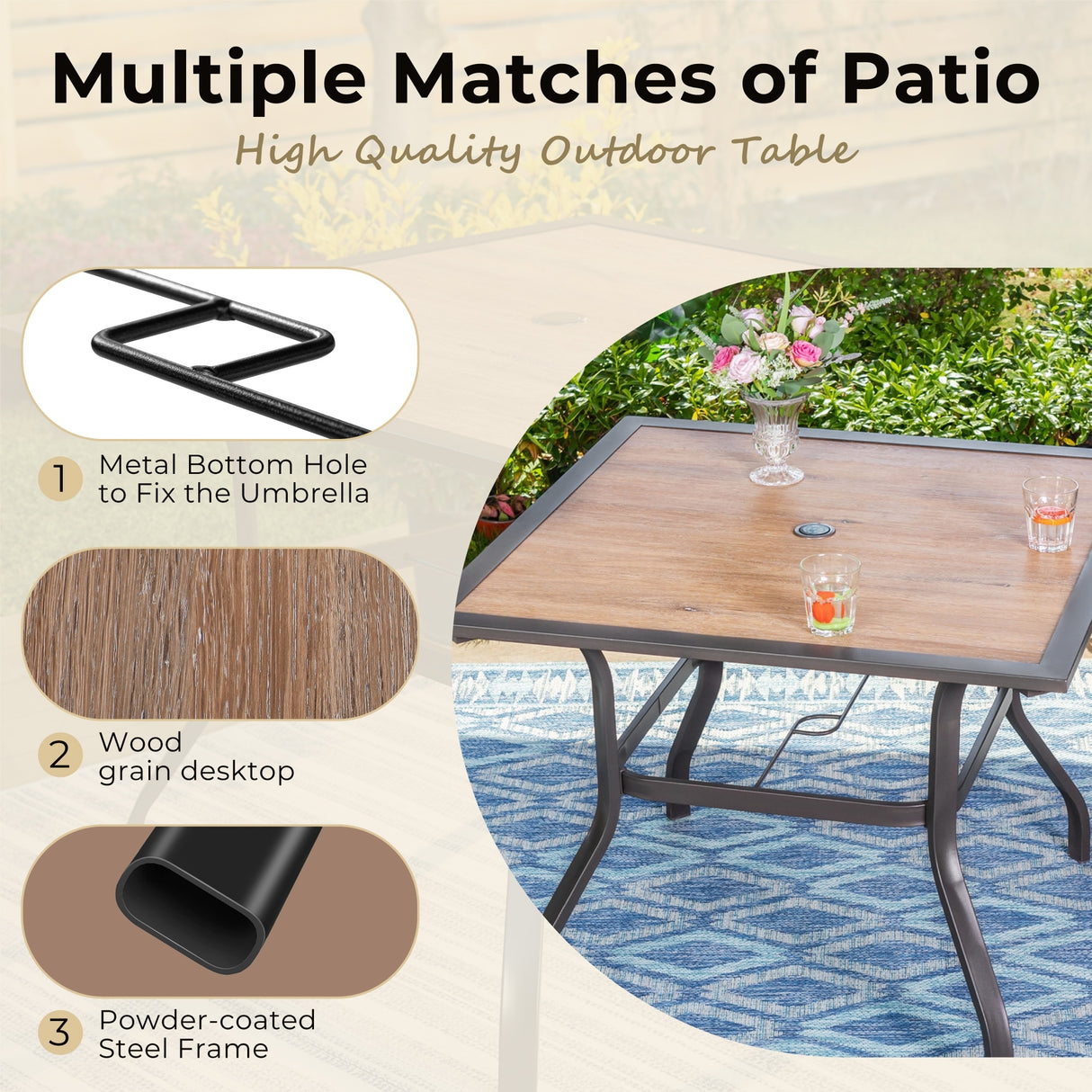MAISON ARTS 5-Piece Patio Dining Set with Swivel Chairs and Wood-Like Table - 5-PIieces Sets