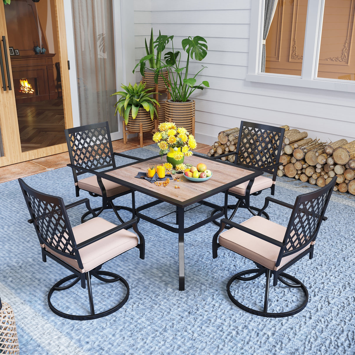 MAISON ARTS 5-Piece Patio Dining Set with Swivel Chairs and Wood-Like Table - 5-PIieces Sets