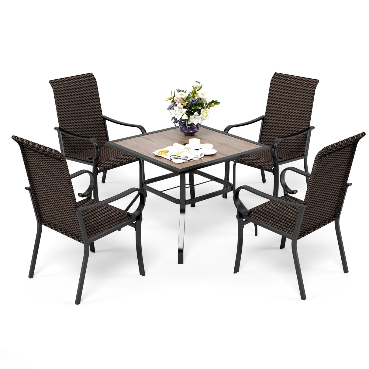 PHI VILLA 5-Piece Rattan Dining Chairs & Wood-look Square Table Patio Dining Set