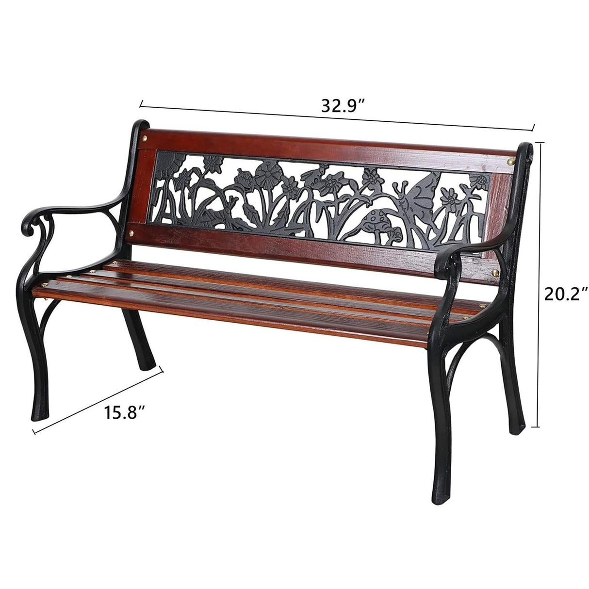 MAISON ARTS Outdoor Garden Bench for Children, 33'' L Metal Bench with Wood Seating & Floral Pattern Back