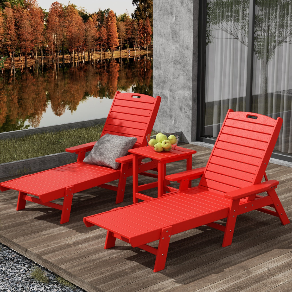 Polytrends Laguna Hdpe All Weather Outdoor Patio Pool Reclining Chaise Lounges With Square Side Table (3-Piece Set)