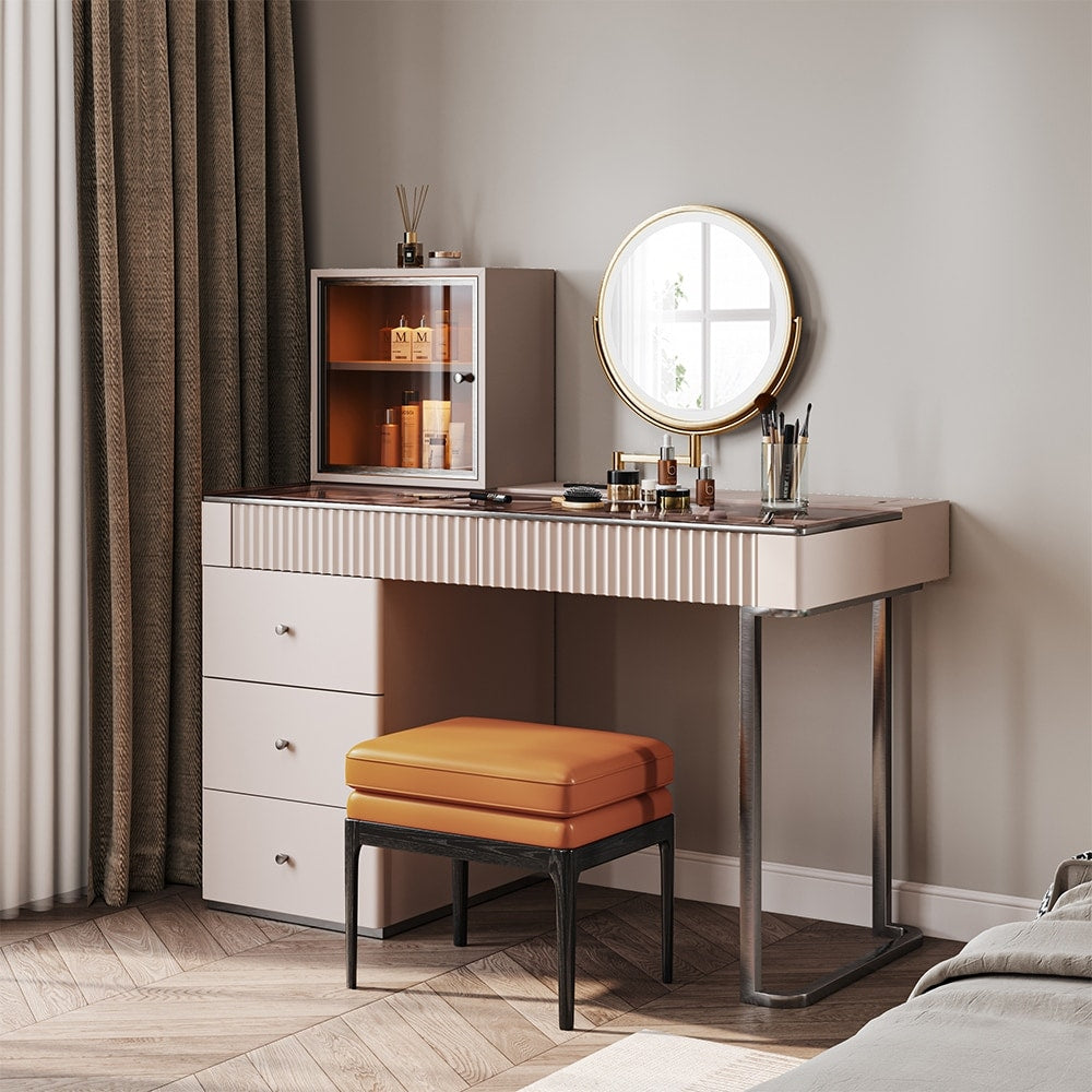 Mid-century Modern Makeup Vanity Table Set, LED Mirror, Tempered Glass Tabletop, 5 Drawers, Stool, Smoked Wood Veneer