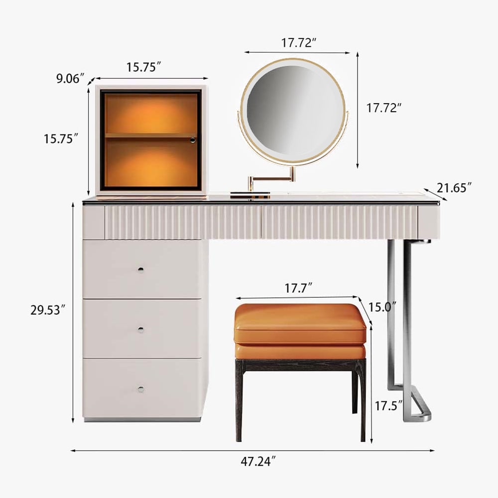 Mid-century Modern Makeup Vanity Table Set, LED Mirror, Tempered Glass Tabletop, 5 Drawers, Stool, Smoked Wood Veneer