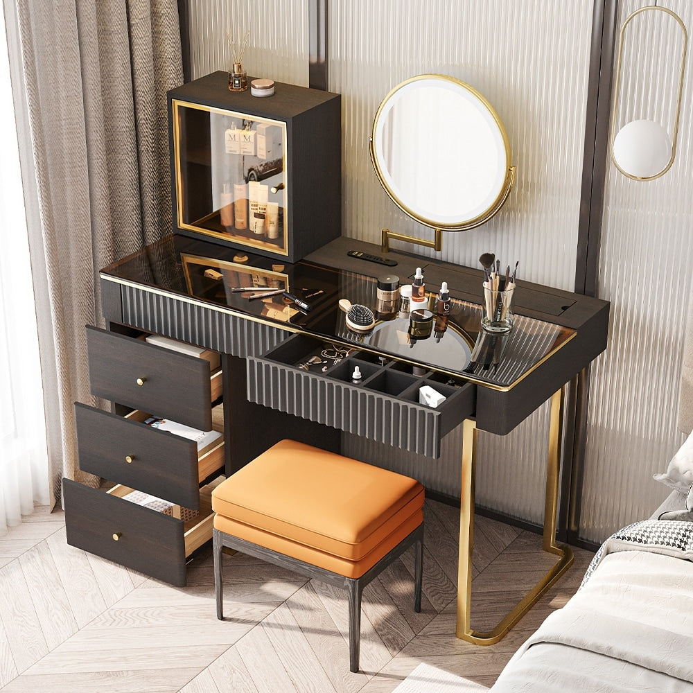 Mid-century Modern Makeup Vanity Table Set, LED Mirror, Tempered Glass Tabletop, 5 Drawers, Stool, Smoked Wood Veneer