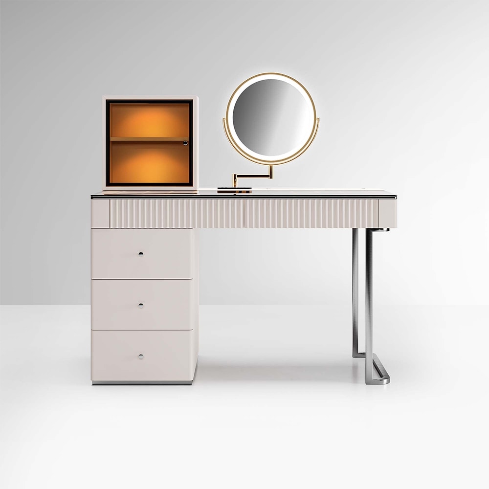 Mid-century Modern Makeup Vanity Table Set, LED Mirror, Tempered Glass Tabletop, 5 Drawers, Stool, Smoked Wood Veneer