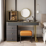 Mid-century Modern Makeup Vanity Table Set, LED Mirror, Tempered Glass Tabletop, 5 Drawers, Stool, Smoked Wood Veneer