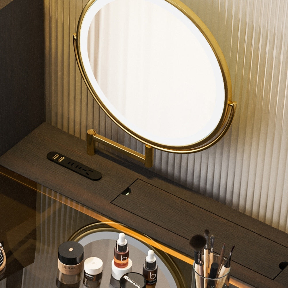 Mid-century Modern Makeup Vanity Table Set, LED Mirror, Tempered Glass Tabletop, 5 Drawers, Stool, Smoked Wood Veneer