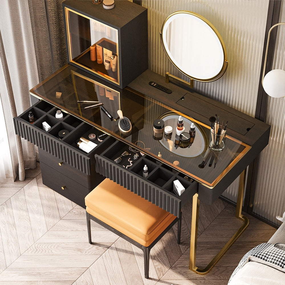 Mid-century Modern Makeup Vanity Table Set, LED Mirror, Tempered Glass Tabletop, 5 Drawers, Stool, Smoked Wood Veneer