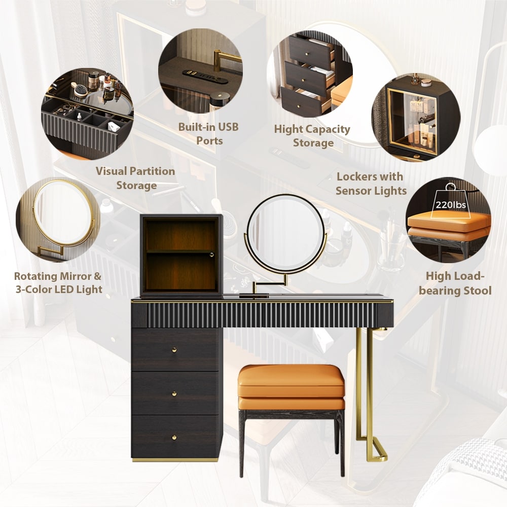 Mid-century Modern Makeup Vanity Table Set, LED Mirror, Tempered Glass Tabletop, 5 Drawers, Stool, Smoked Wood Veneer