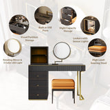 Mid-century Modern Makeup Vanity Table Set, LED Mirror, Tempered Glass Tabletop, 5 Drawers, Stool, Smoked Wood Veneer