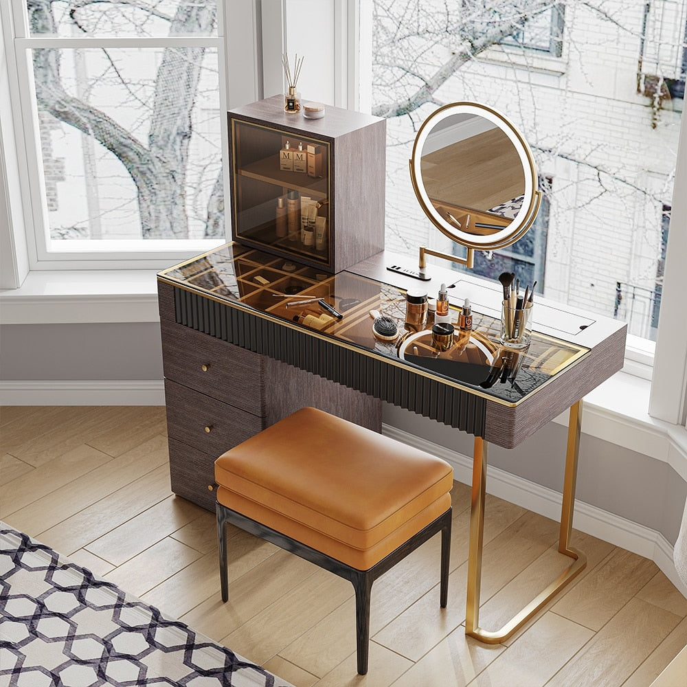 Mid-century Modern Makeup Vanity Table Set, LED Mirror, Tempered Glass Tabletop, 5 Drawers, Stool, Smoked Wood Veneer