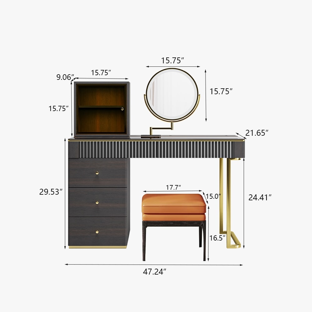 Mid-century Modern Makeup Vanity Table Set, LED Mirror, Tempered Glass Tabletop, 5 Drawers, Stool, Smoked Wood Veneer