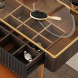 Mid-century Modern Makeup Vanity Table Set, LED Mirror, Tempered Glass Tabletop, 5 Drawers, Stool, Smoked Wood Veneer