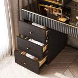 Mid-century Modern Makeup Vanity Table Set, LED Mirror, Tempered Glass Tabletop, 5 Drawers, Stool, Smoked Wood Veneer
