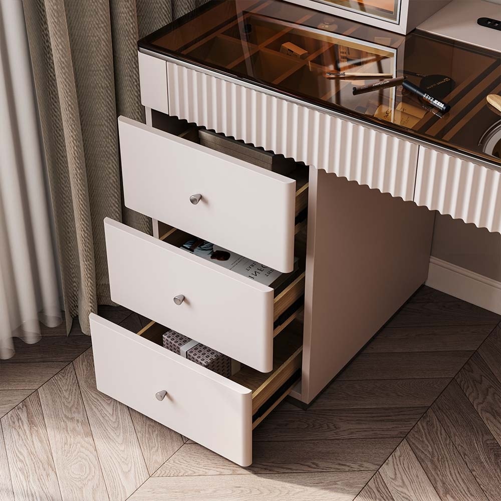 Mid-century Modern Makeup Vanity Table Set, LED Mirror, Tempered Glass Tabletop, 5 Drawers, Stool, Smoked Wood Veneer