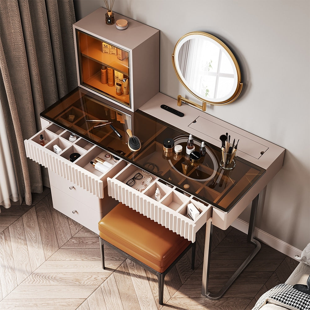 Mid-century Modern Makeup Vanity Table Set, LED Mirror, Tempered Glass Tabletop, 5 Drawers, Stool, Smoked Wood Veneer