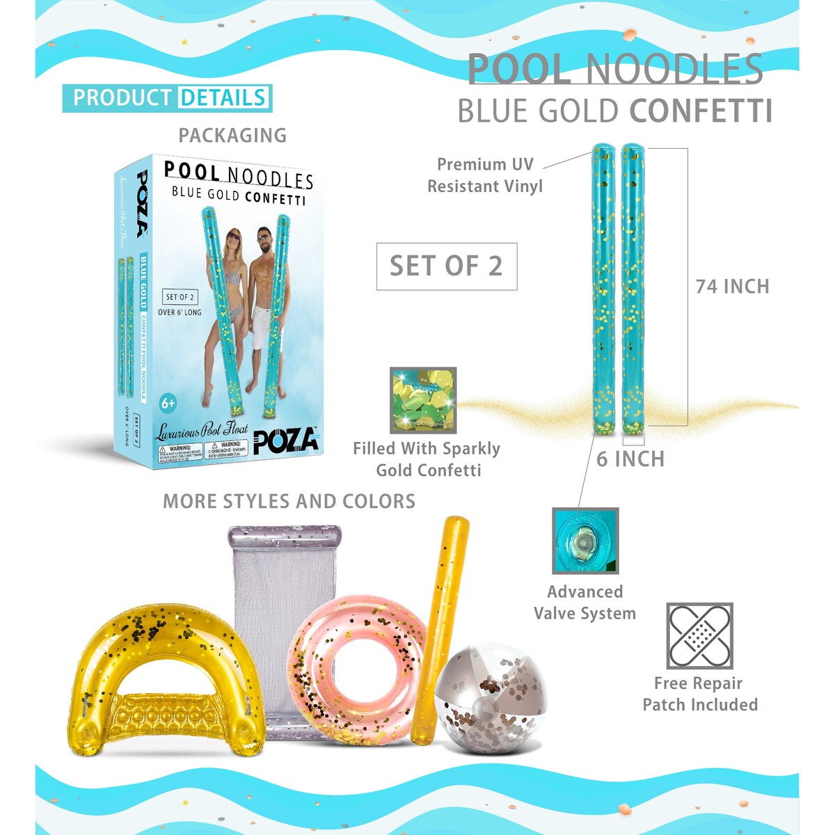 POZA 2 Pack Jumbo Inflatable Pool Noodle Floats - Blue Gold - 74 inch - 74 inches