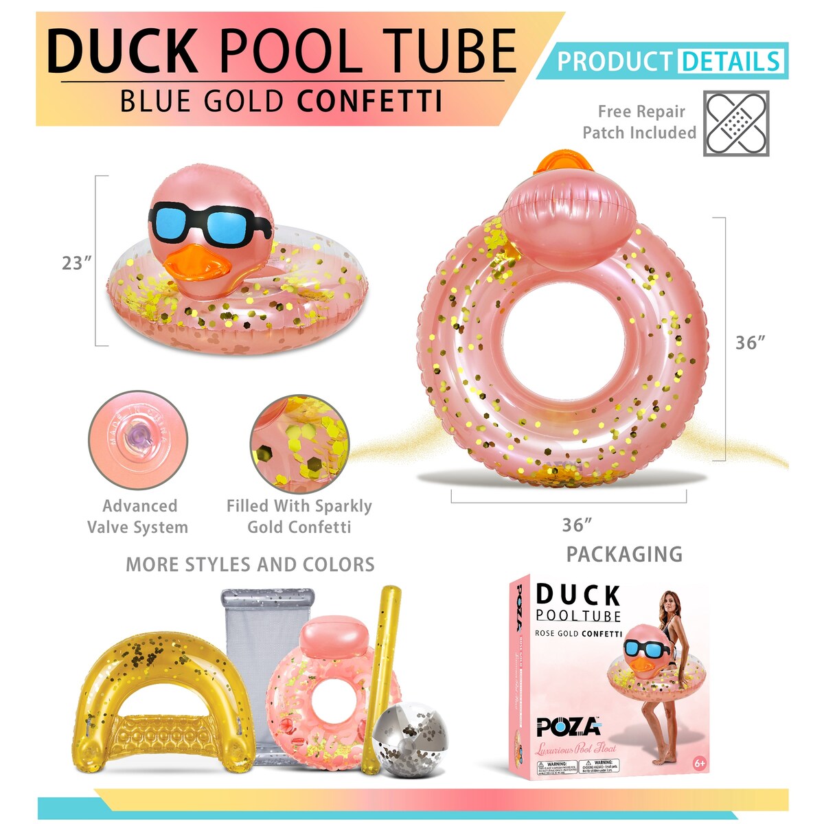 POZA Inflatable Duck Pool Float Tube for Kids and Adults - Rose Gold - 36 inches