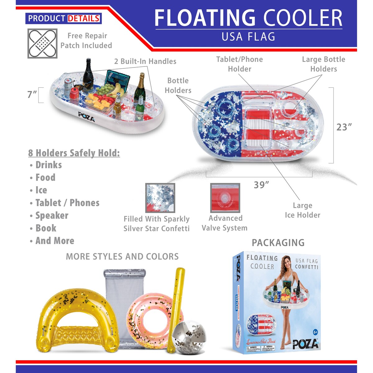 POZA Inflatable USA Flag Floating Cooler with Sparkly Confetti - 39×23 Inch