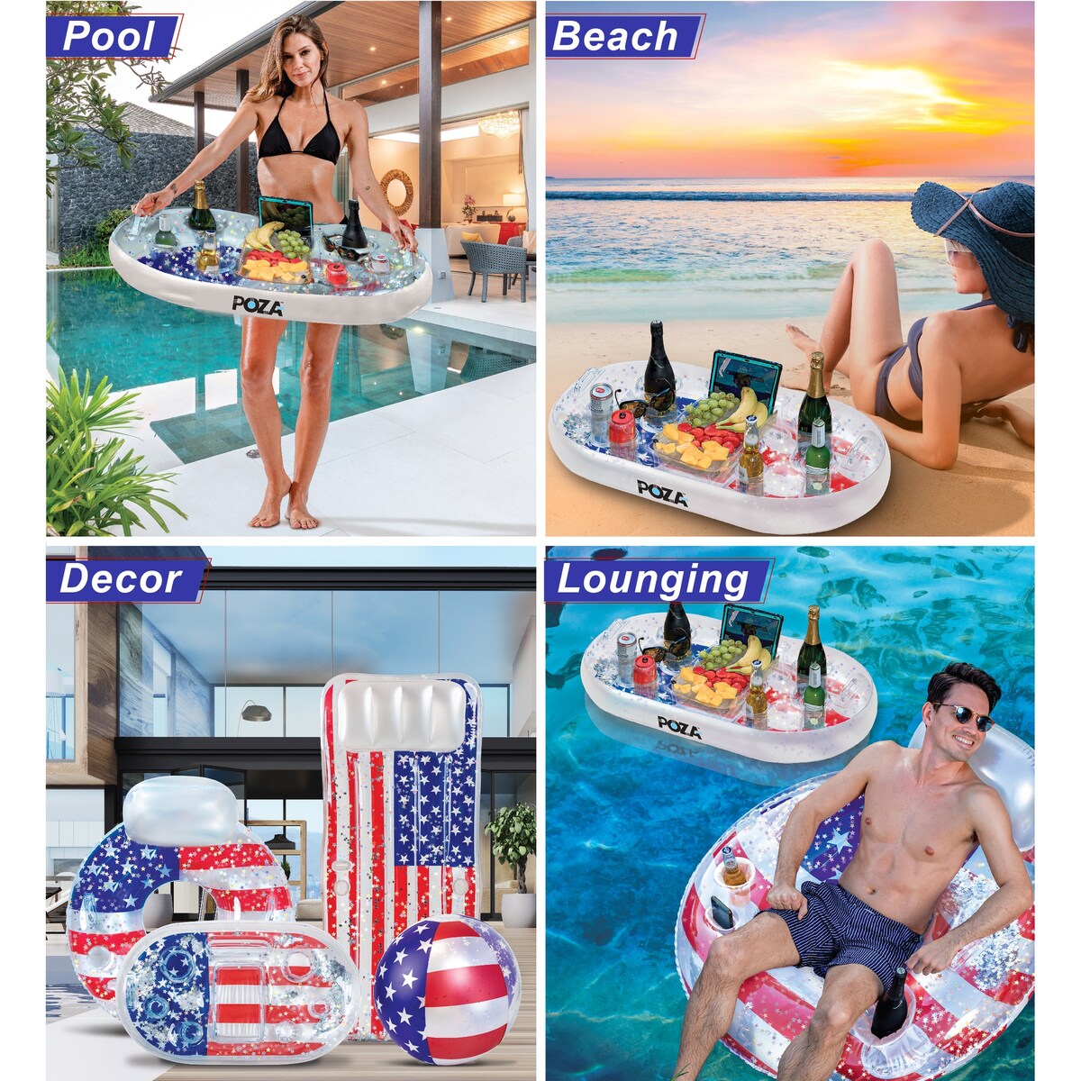 POZA Inflatable USA Flag Floating Cooler with Sparkly Confetti - 39×23 Inch