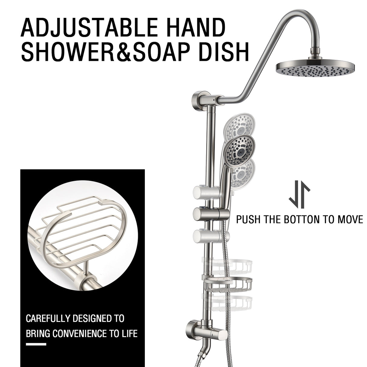 PROOX 8 Inch Rain Shower Head with Handheld Shower System with Slide Bar Soap Bracket Dish Valve Included