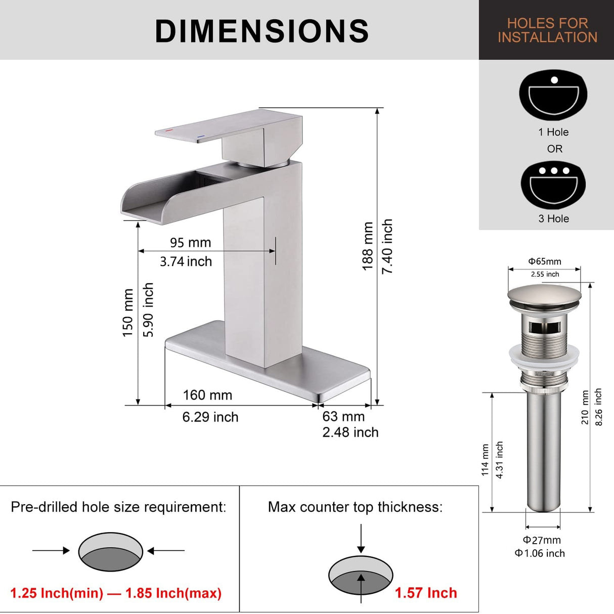 PROOX Bathroom Waterfall Faucet Single Handle with Drain Assembly