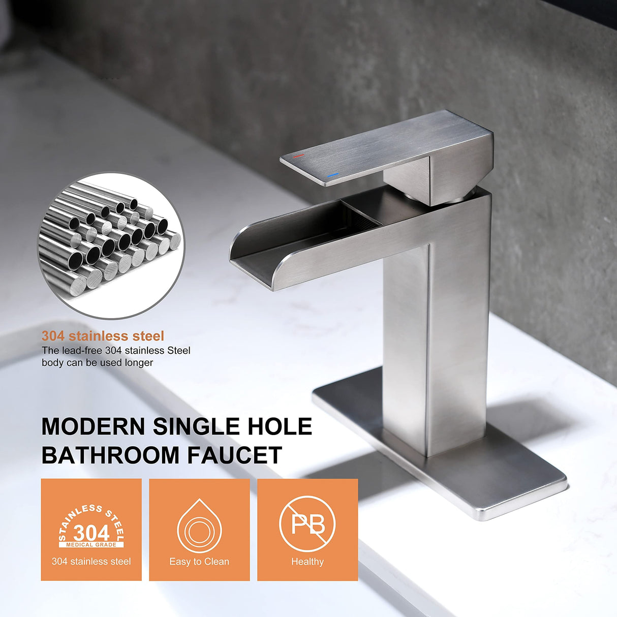 PROOX Bathroom Waterfall Faucet Single Handle with Drain Assembly