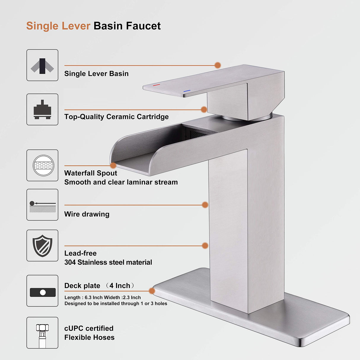 PROOX Bathroom Waterfall Faucet Single Handle with Drain Assembly