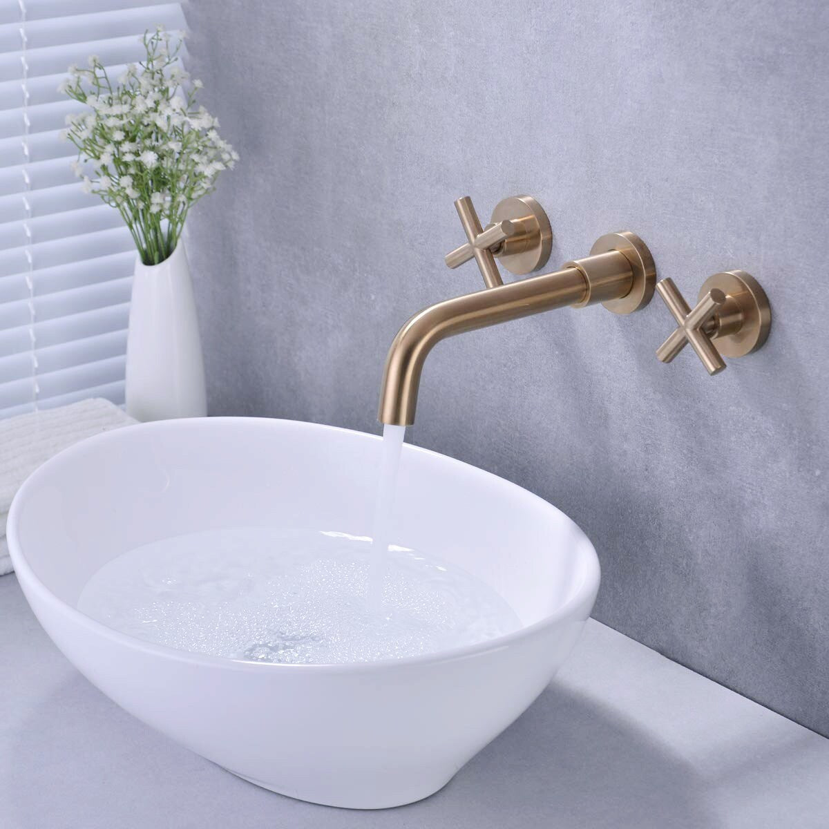 PROOX Double Handle Wall Mounted Bathroom Faucet With Drain Assembly