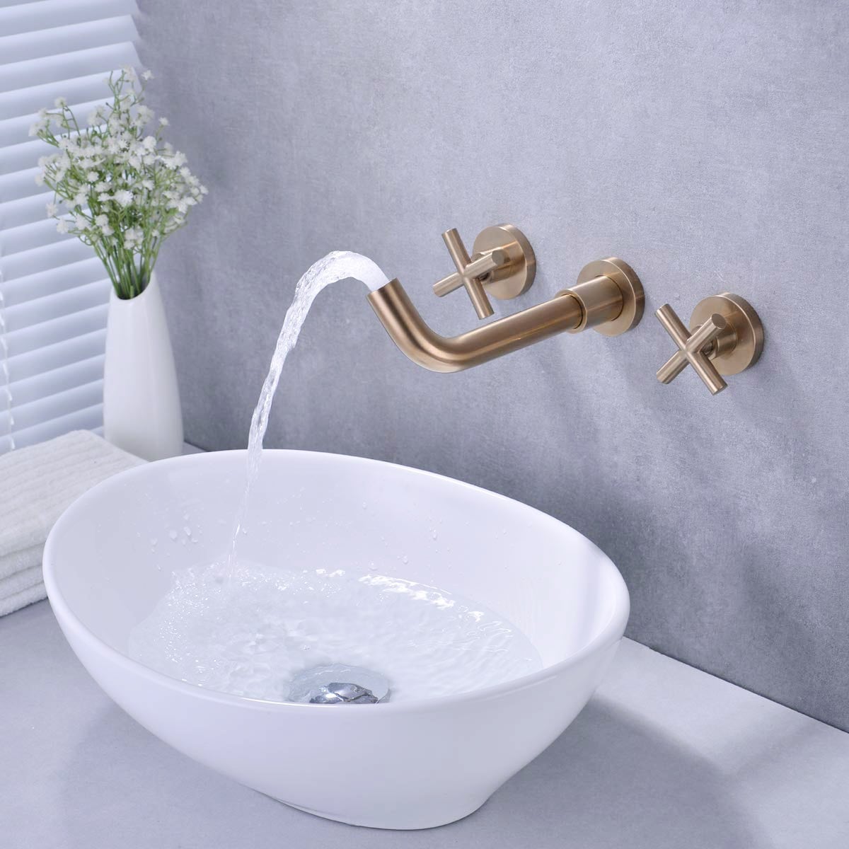 PROOX Double Handle Wall Mounted Bathroom Faucet With Drain Assembly
