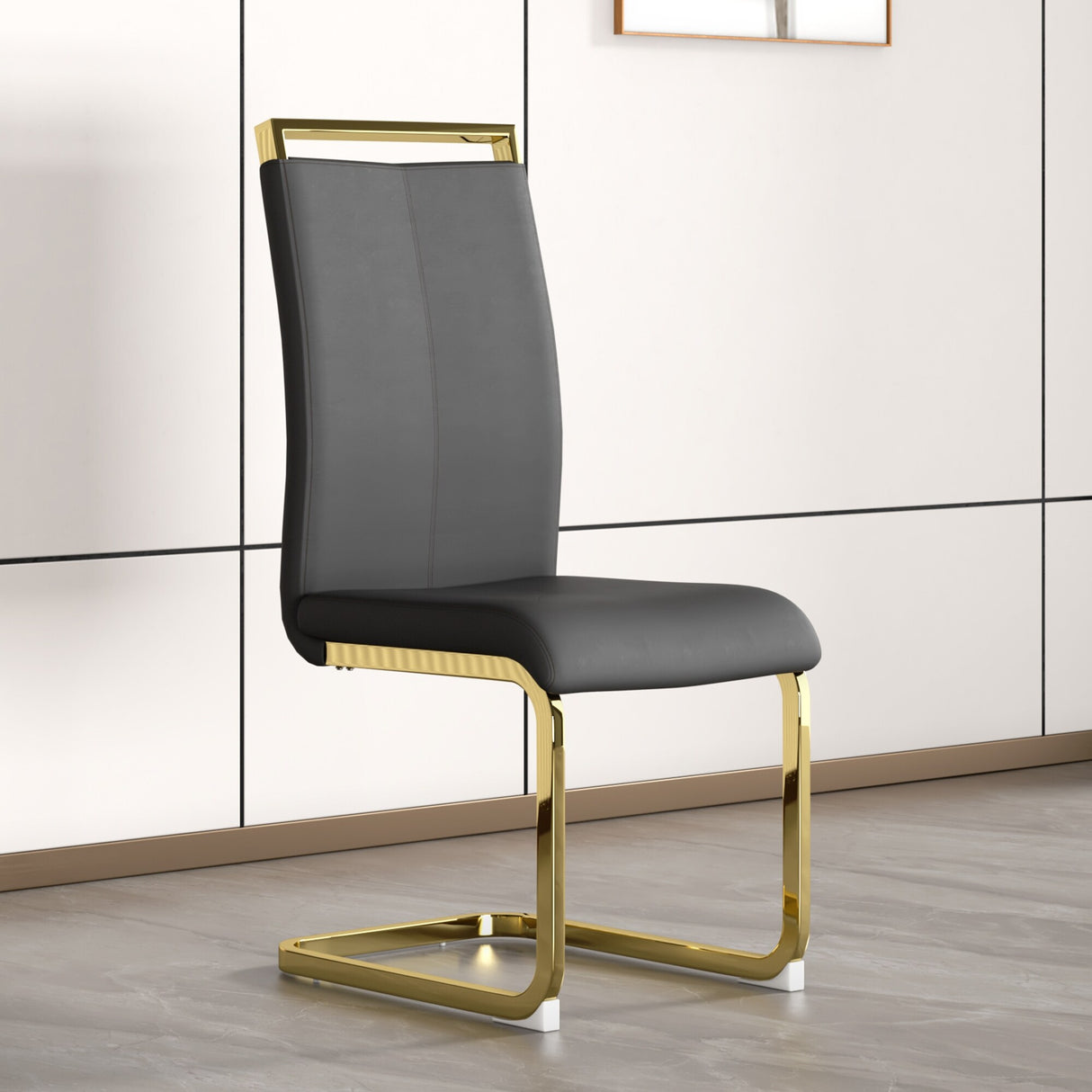 PU Faux Leather High Back Upholstered Side Chair with C-shaped Tube Golden Coating Metal Legs - N/A