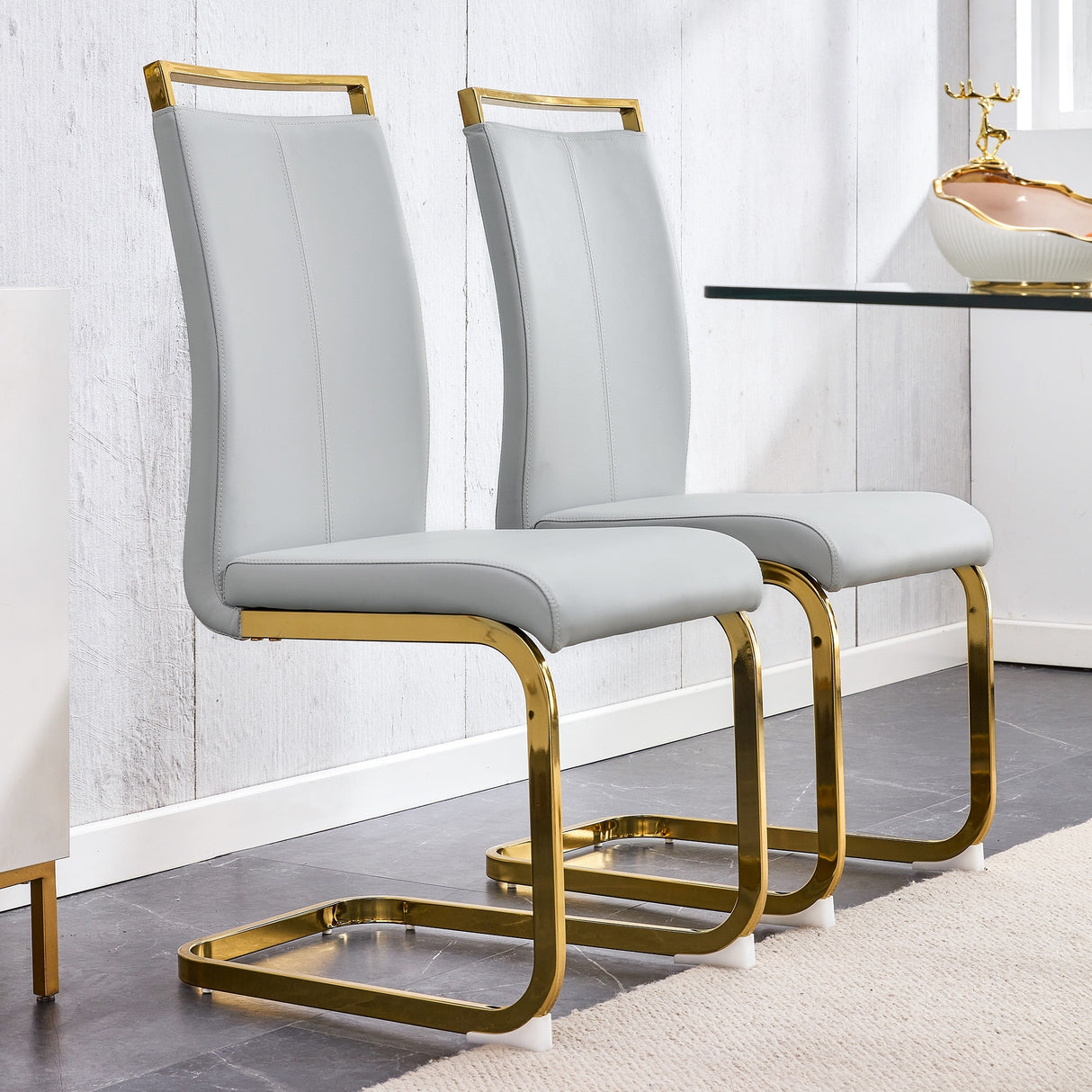 PU Faux Leather High Back Upholstered Side Chair with C-shaped Tube Golden Coating Metal Legs - N/A